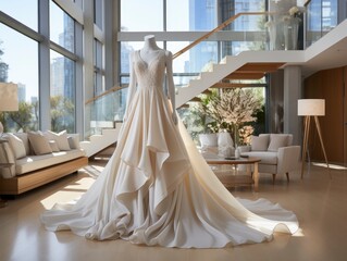 White wedding dress gown on mannequin in a modern house. Bride's morning wedding preparation concept