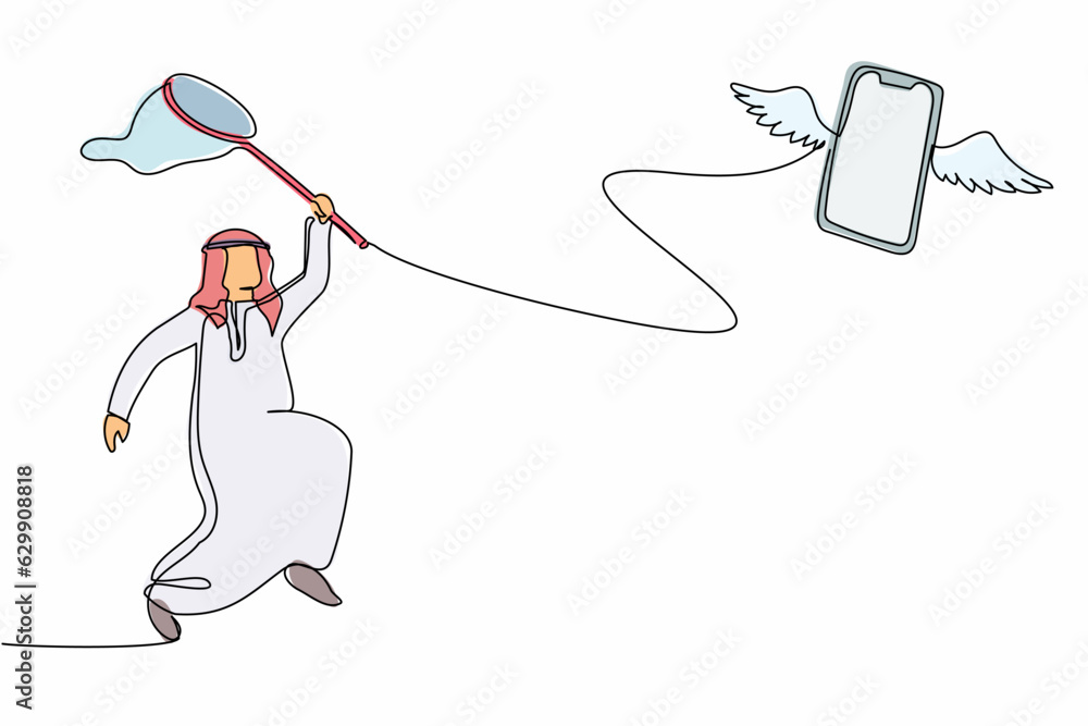 Poster single continuous line drawing arabian businessman try to catching flying smartphone with butterfly 