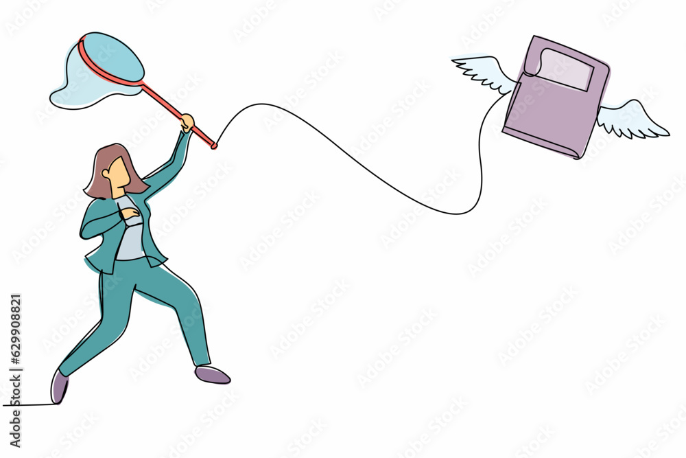 Poster single continuous line drawing businesswoman try to catching flying book with butterfly net. difficu