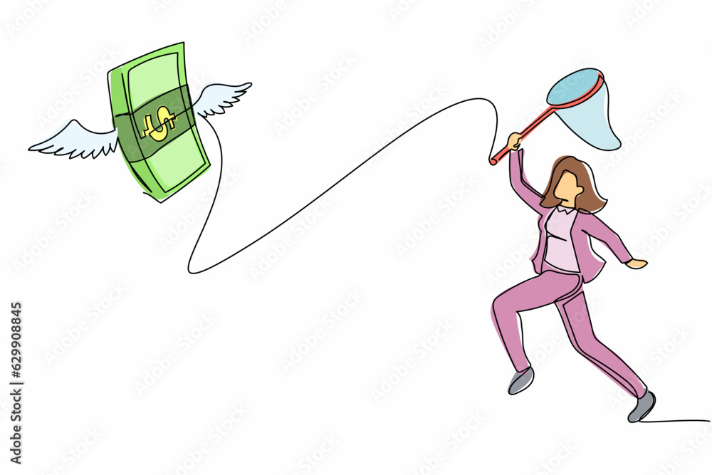 Poster single continuous line drawing businesswoman try to catch flying money stacks with butterfly net. lo