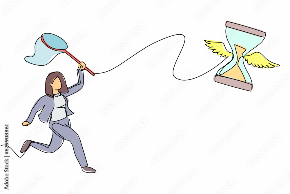 Aufkleber single one line drawing businesswoman try to catching flying hourglass with butterfly net. work comp