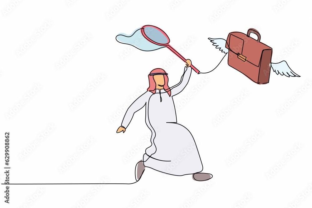 Poster continuous one line drawing arab businessman try to catching flying briefcase with butterfly net. lo