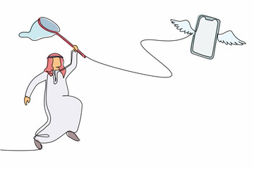 Single continuous line drawing Arabian businessman try to catching flying smartphone with butterfly net. Missing technology updates. Business metaphor. One line draw graphic design vector illustration