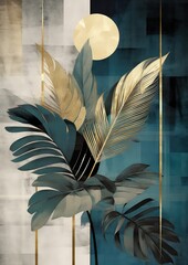 Poster canvas with graceful leaves and flowers in shades of light gold and dark azure by Generative AI