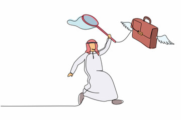 Continuous one line drawing Arab businessman try to catching flying briefcase with butterfly net. Losing career path and bad performance. Business metaphor. Single line draw design vector illustration