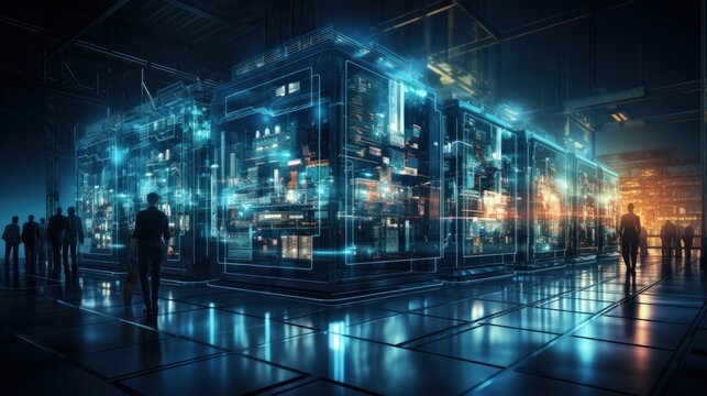 Futuristic Concept: Data Center personal, Standing In Warehouse, Information Digitalization Lines Streaming Through Servers. SAAS, Cloud Computing, Web Service