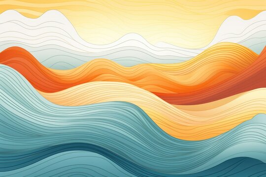 Sunset landscape boho 70's style retro graphic design, blue water ocean waves with abstract vintage art illustration, orange sun color gradient, card, poster, sticker design, simple nature element