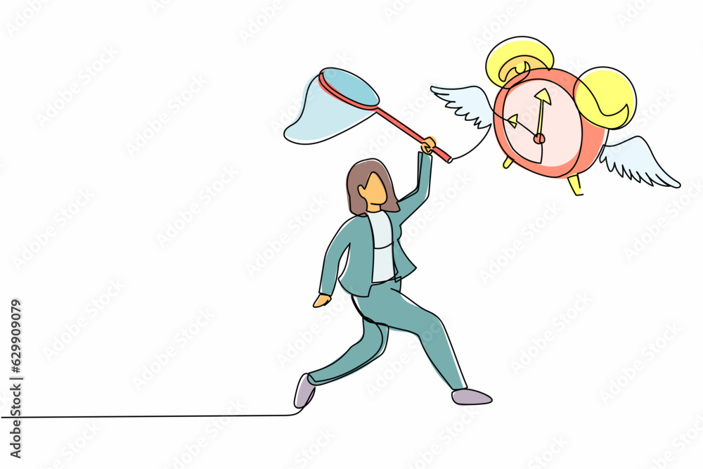 Poster continuous one line drawing businesswoman try to catching flying alarm clock with butterfly net. har