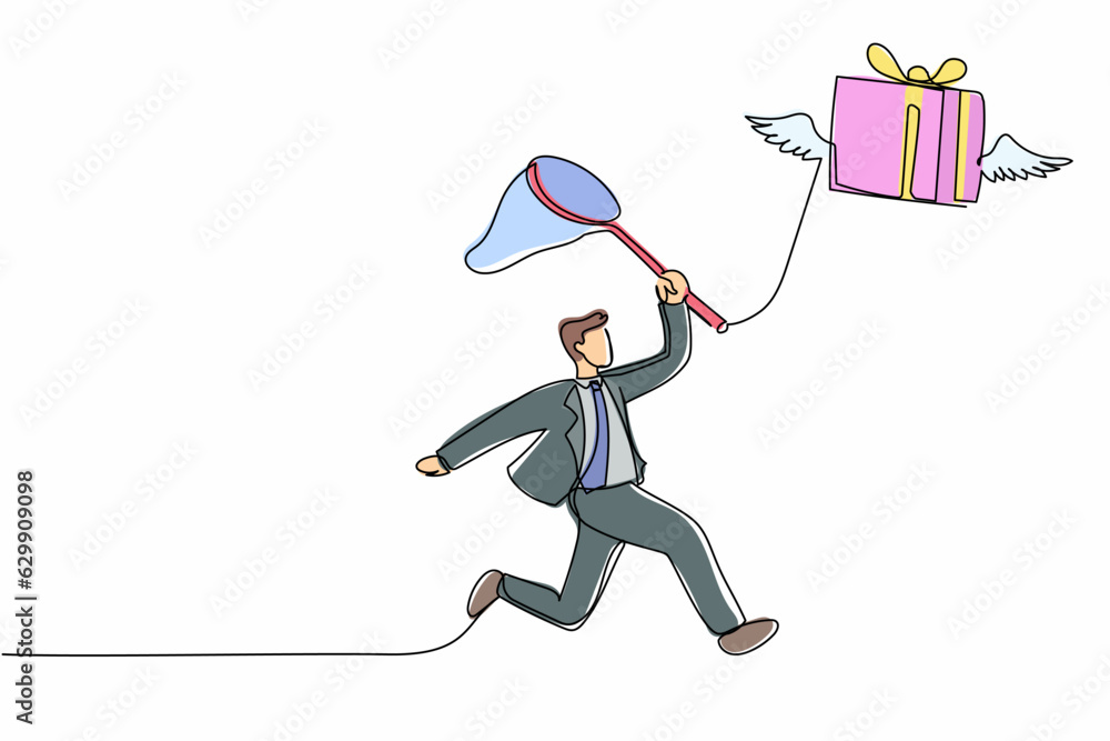 Poster single continuous line drawing businessman try to catching flying gift box with butterfly net. winge