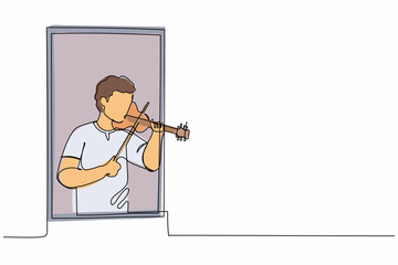 Single continuous line drawing professional male musician standing near window and playing violin in cozy room at home. People staying at home in self quarantine. One line design vector illustration