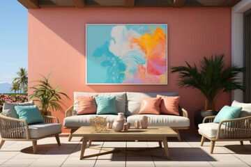 Design composition of living room interior with a painting, modern white sofa, stylish coffee table, pillows, plants and elegant accessories. Modern home decor
