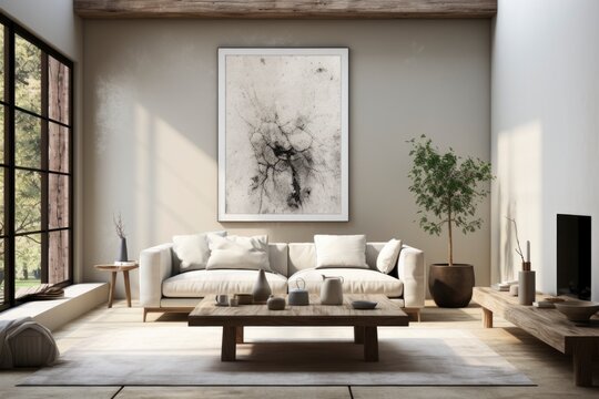 Large blank white painting on the wall in a minimalist room.