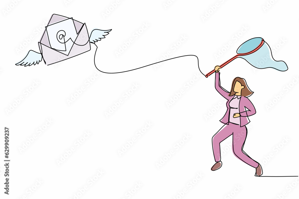 Aufkleber single continuous line drawing businesswoman try to catching flying mail with butterfly net. unread 