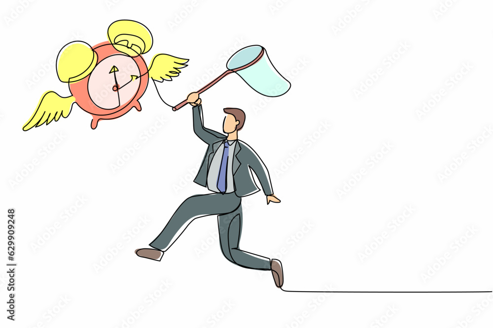 Poster single one line drawing businessman try to catching flying alarm clock with butterfly net. male mana