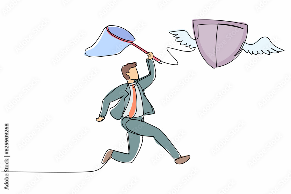 Aufkleber single one line drawing active businessman try to catching flying shield with butterfly net. expensi