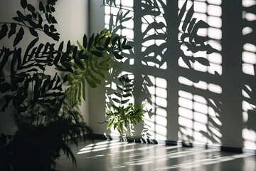 background in shadow. Sunlight infused abstract architecture background with light, black window shadow overlay, and white texture wall. Summer seasonal concept, backdrop, and mockup for product prese