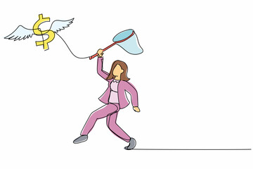Continuous one line drawing businesswoman try to catching flying dollar symbol with butterfly net. Economic crisis caused value of dollar fly high. Single line draw design vector graphic illustration