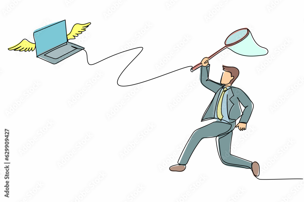 Poster single one line drawing attractive businessman try to catching flying laptop with butterfly net. sys