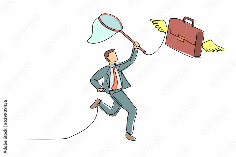 Aufkleber continuous one line drawing businessman try to catching flying briefcase with butterfly net. high pe