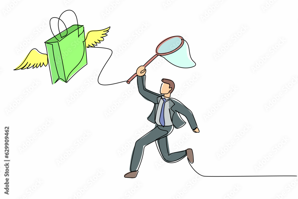 Poster continuous one line drawing businessman try to catching flying shopping bag with butterfly net. comm