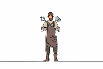 Single one line drawing bearded blacksmith standing wearing apron holding hammer and tongs crossed. Metal worker at work furnace oven workshop. Continuous line draw design graphic vector illustration