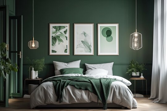 Above the bed on the bedroom's green wall are imitation poster frames. Morning light that filters through the curtain. Generative AI
