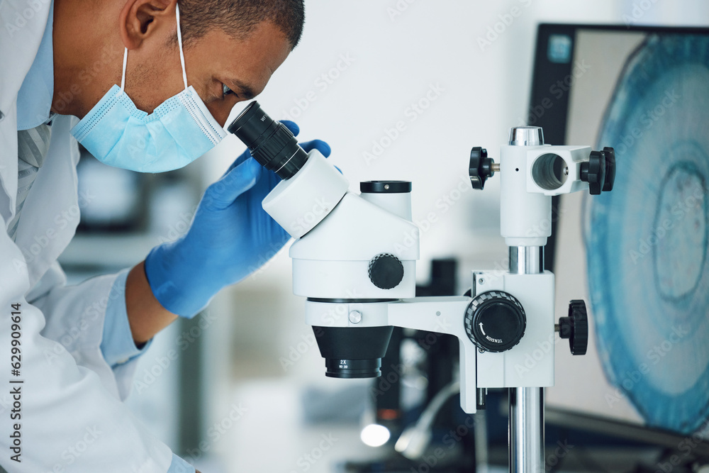 Poster microscope, science and man with mask on face in laboratory to review particles, medical test and bi