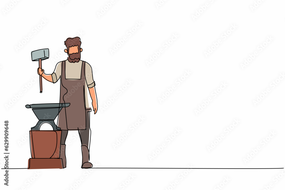 Poster single continuous line drawing bearded blacksmith wearing apron standing and holding hammer in front