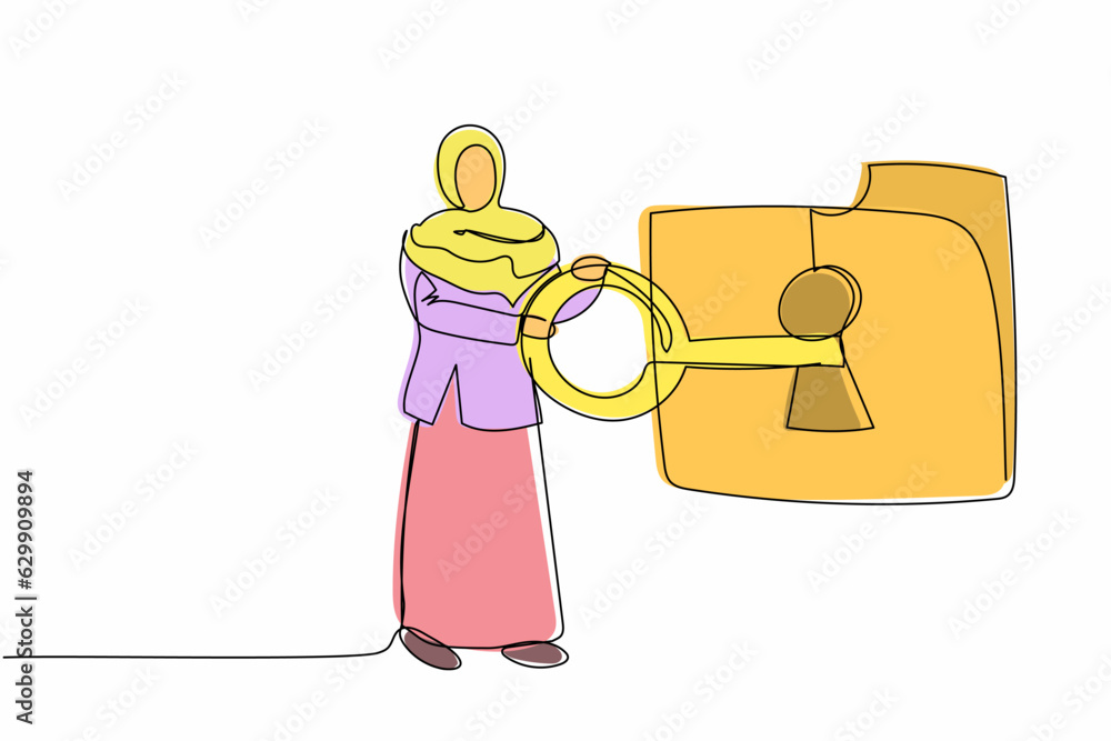 Poster single continuous line drawing arabian businesswoman put key into folder. unlock secret information.