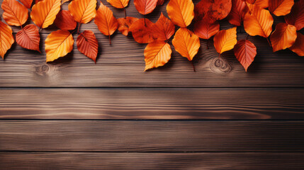 Autumn leaves on a wood background with text free space background for designers. Generative AI