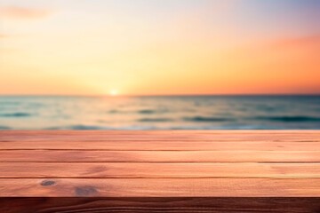 Fototapeta na wymiar Empty wooden table for product display and product advertising with blurred sunset ocean background