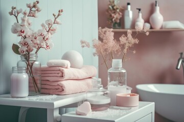 A towel, soap dispenser, white flowers, and accessories on a pastel pink shelf make up a soft, light bathroom design. Bathroom interior with elegant décor. Generative AI