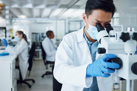 Microscope, scientist and asian man working in laboratory to review virus research, medical test and biotechnology. Science, microbiology and investigation of innovation, dna analysis and experiment