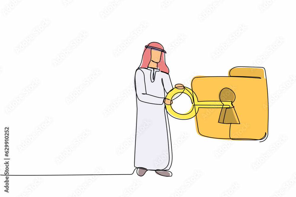 Poster single continuous line drawing arab businessman putting big key into folder. document protection. fo