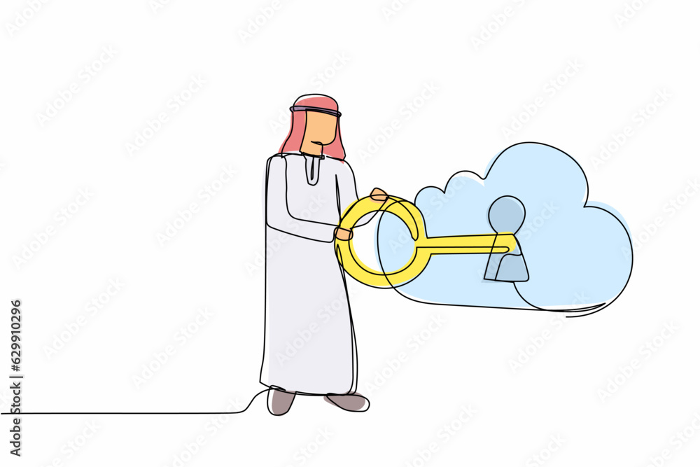 Poster single continuous line drawing arab businessman putting big key into cloud. safety storage. cloud pa