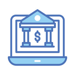 Bank building with laptop depicting bank website or online banking concept icon