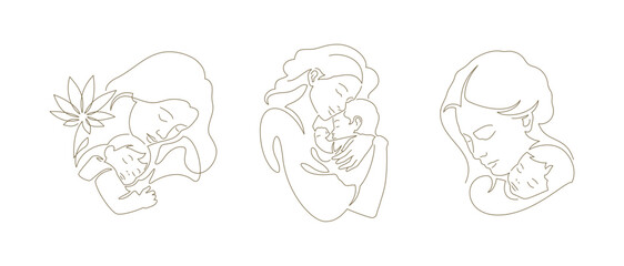 Mother's Day mother embracing little son kid with tenderness continuous line art logo set vector