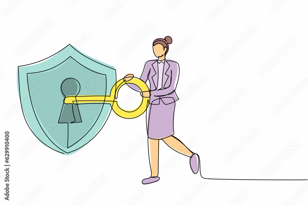 Aufkleber single continuous line drawing businesswoman put key into shield. security guard. encryption, encodi