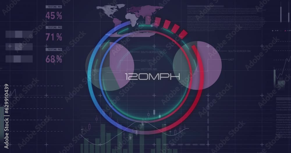 Poster animation of speedometer over statistical data processing against blue background