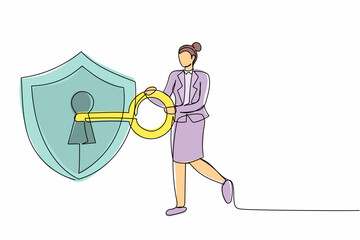 Single continuous line drawing businesswoman put key into shield. Security guard. Encryption, encoding digital currency data, finance security and protection. One line draw design vector illustration