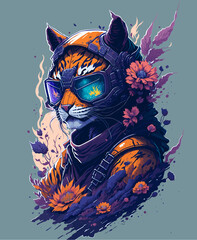 Futuristic Tiger Head with Flower and Sunglasses on Clean Background. Vintage Vector Painting Style Design with Floral Elements for T-Shirt, Banner, Invitation, Greeting Card or Cover.