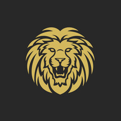 Golden roaring lion with mane premium minimal logo for zoo hunting vector flat illustration
