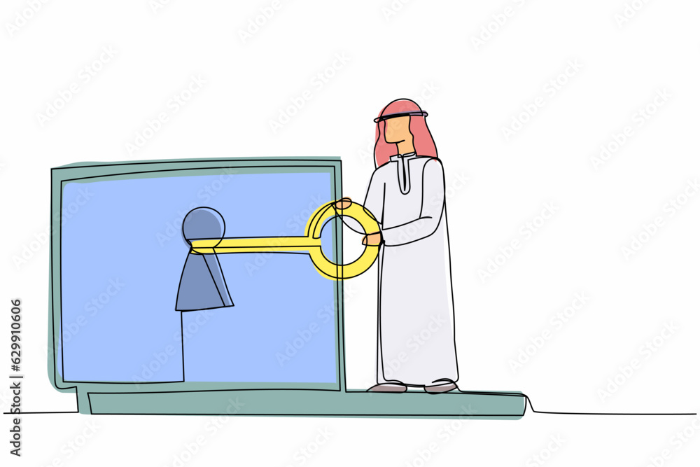 Poster single one line drawing arabian businessman putting key into laptop. protection and safety login. in