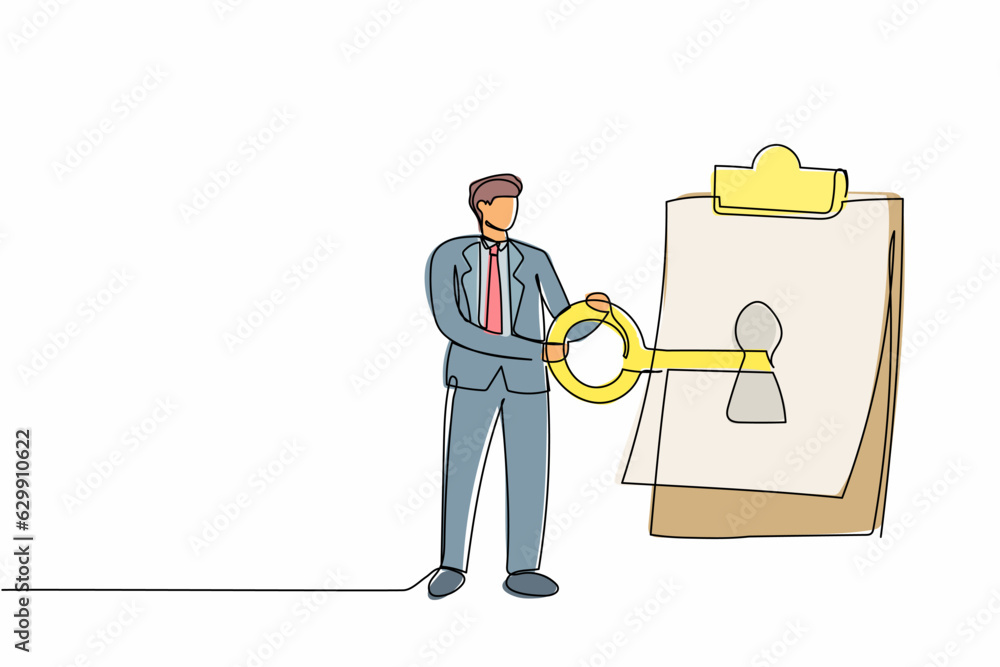 Poster single one line drawing businessman putting big key into clipboard. smart digital contract for secur