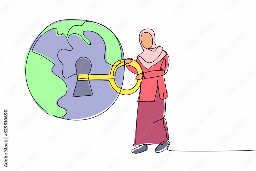 Poster single one line drawing arabian businesswoman put key into globe. save world from global warming. se