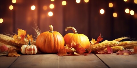 Happy Thanksgiving Day background wooden table decorated with Pumpkins