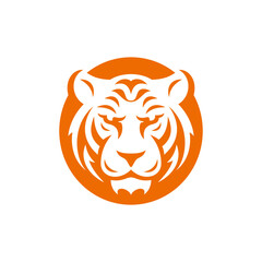 Angry tiger head orange circle monochrome minimalist logo vector flat illustration