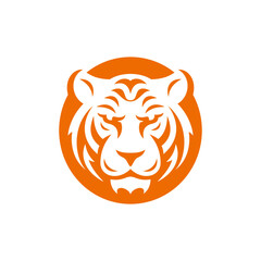 Angry tiger head orange circle monochrome minimalist logo vector flat illustration