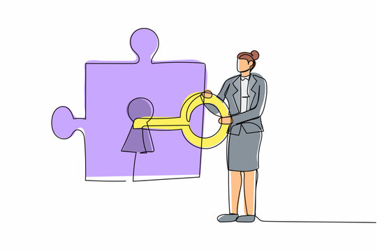 Continuous one line drawing businesswoman put key into puzzle piece. Cooperation concept. Completing project. Teamwork solving complicated tasks. Single line draw design vector graphic illustration