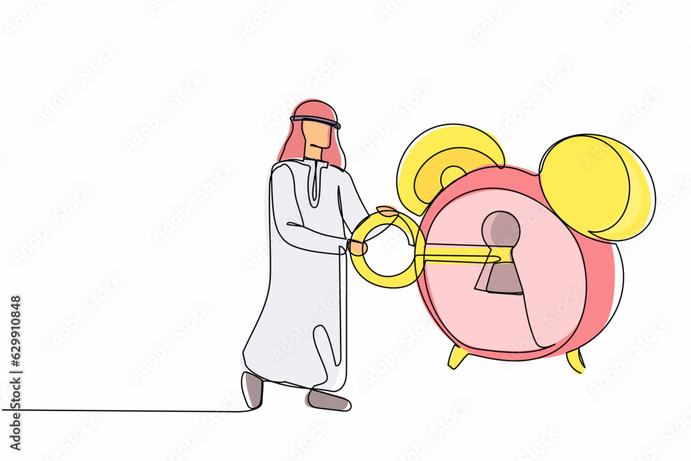 Poster single continuous line drawing arabian businessman putting big key into alarm clock. deadline work c